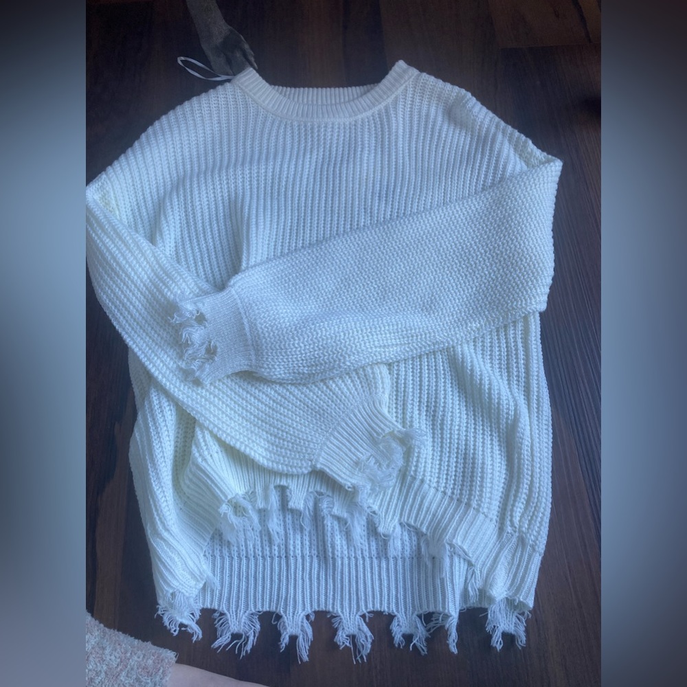 BRAND NEW distressed white sweater